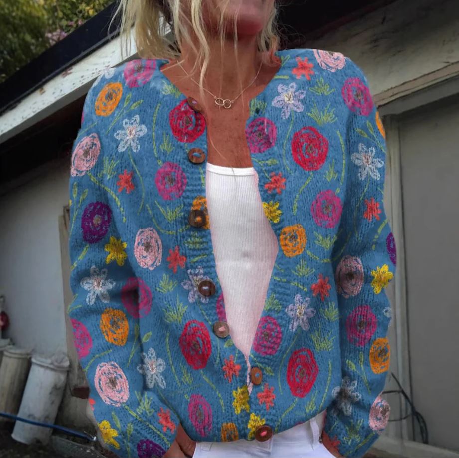Tori | Blue Cardigan with Floral Print