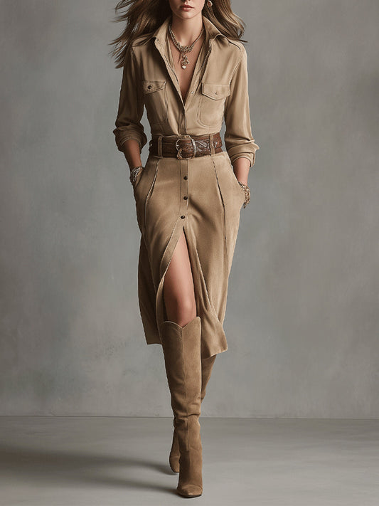 Brown Fashion Suede Midi Dress