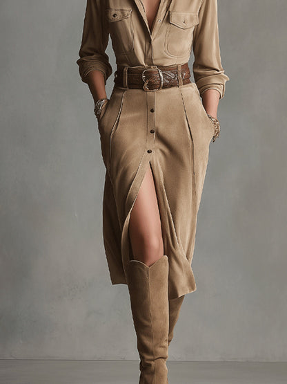 Brown Fashion Suede Midi Dress