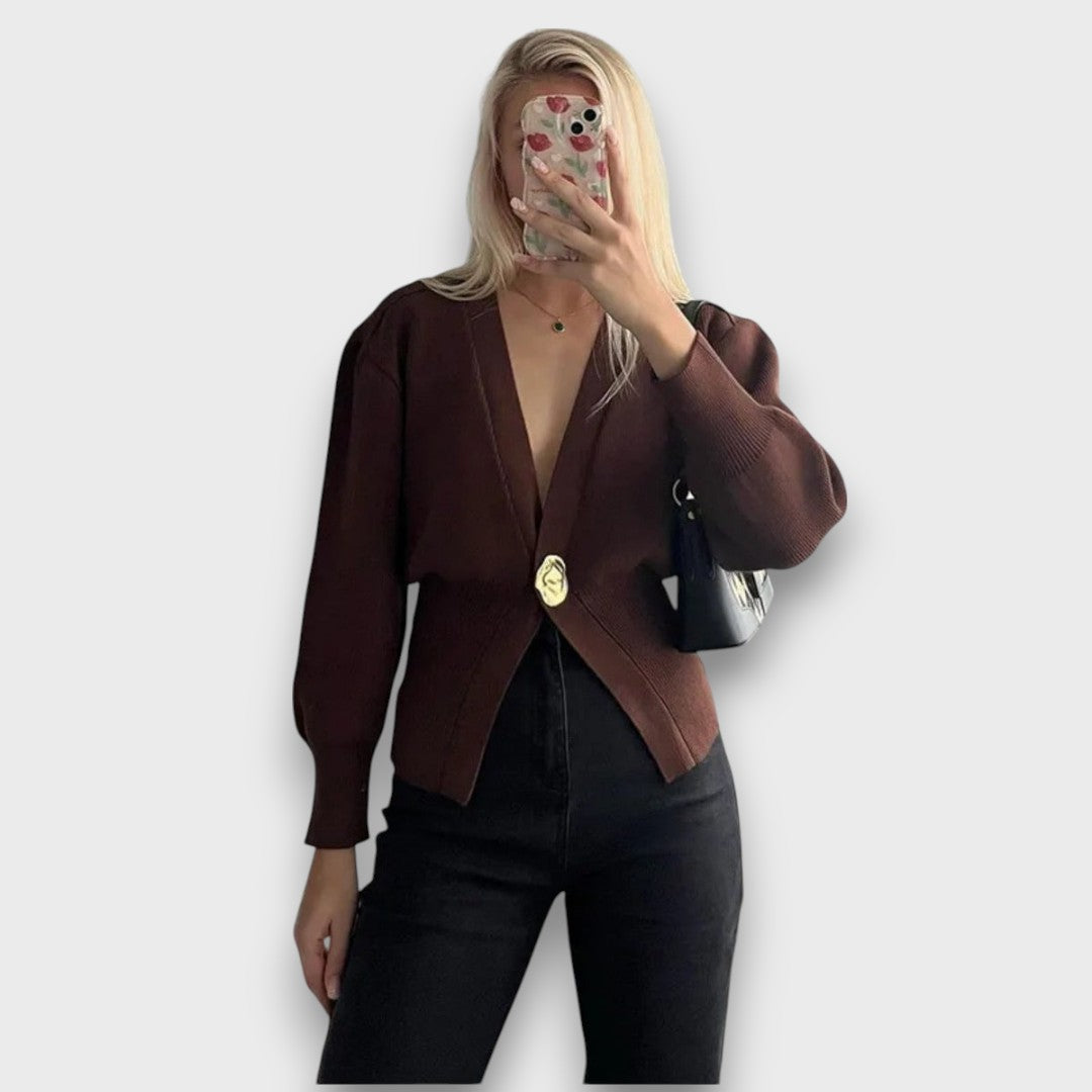 Enea – Cardigan with Deep V-Neck and Gold Button
