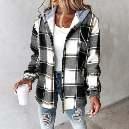 PAIGE™ - Chic Plaid Long-Sleeve Button Down Hooded Jacket